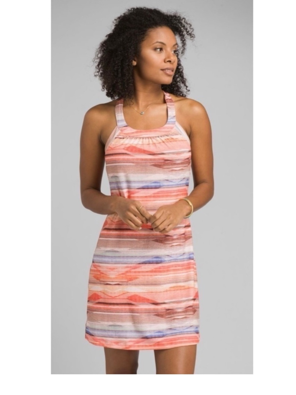 Prana‎ Cantine Halter Dress Peach Bonita Ombre Stripe Shelf Bra Mini Size Small